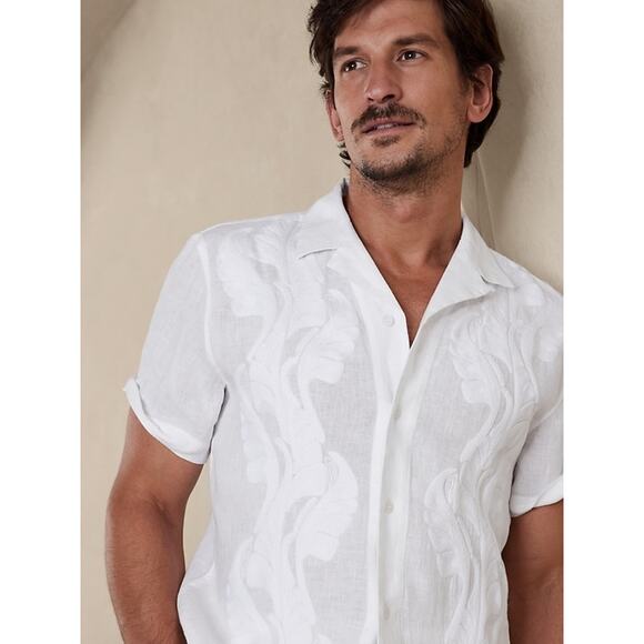Banana Republic Men's White 100% Linen Botanica Embroidered Resort Shirt Size L - Picture 1 of 8
